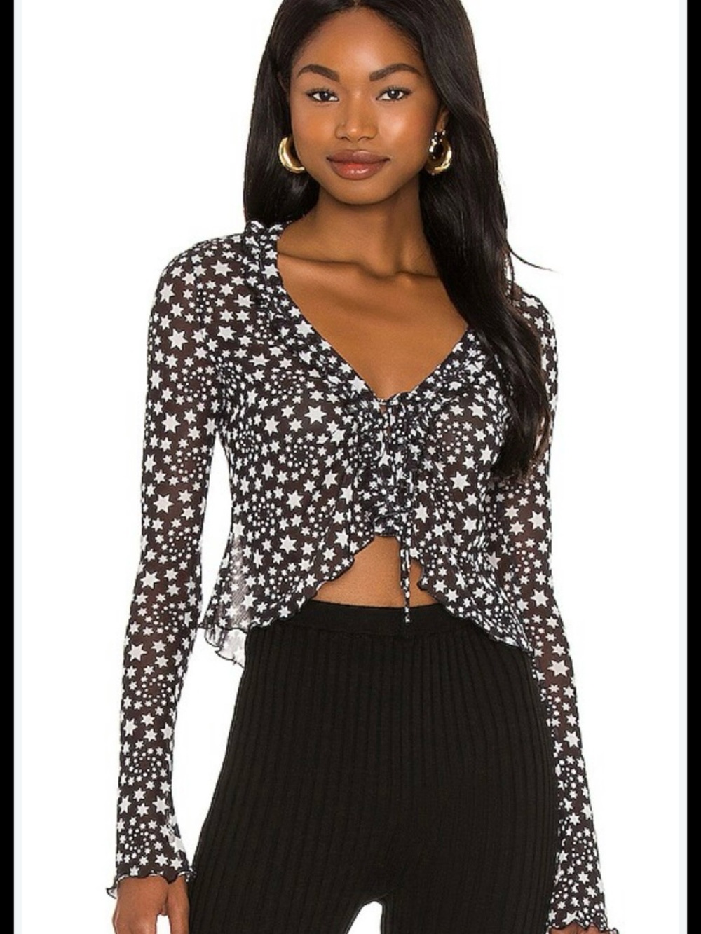 Free People Black Sheer Star-Print Tie-Front Top